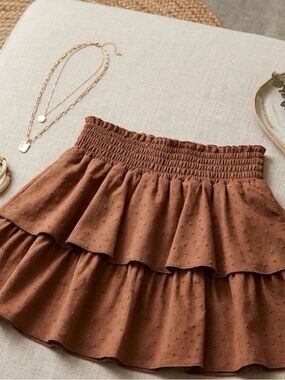 Smocked Waist Tiered Mini Skirt in Brown